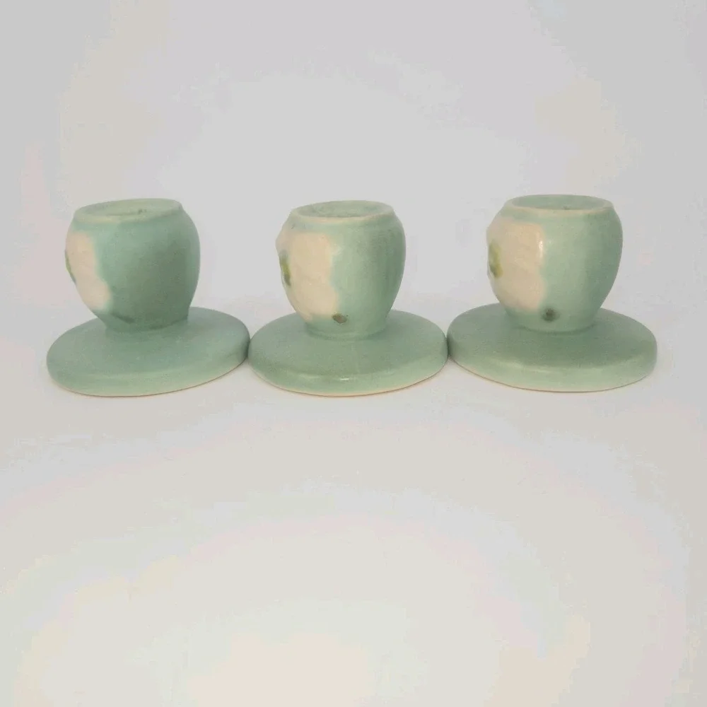 Weller Pottery Wild Rose Green Candle Holders Set of 3 1930s USA Vintage Cottage